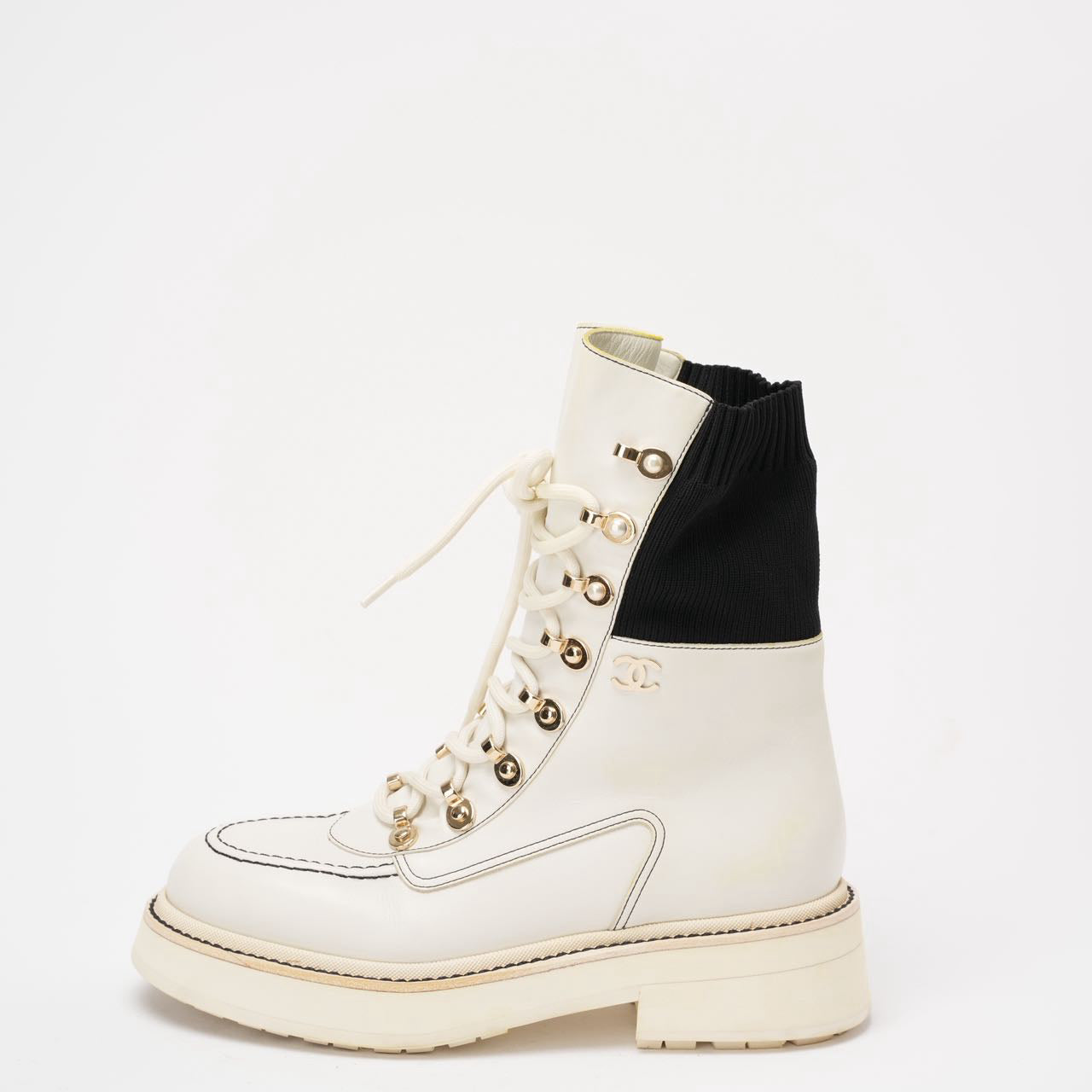 Chanel 21K White/Black CC Combat Ankle Boots 38 ½