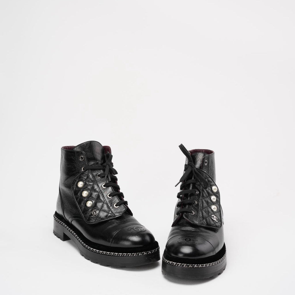 Chanel Black CC Pearl Detail Ankle Boots Size 39 ½