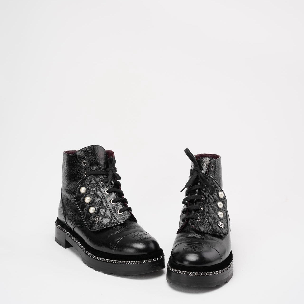 Chanel Black CC Pearl Detail Ankle Boots Size 39 ½