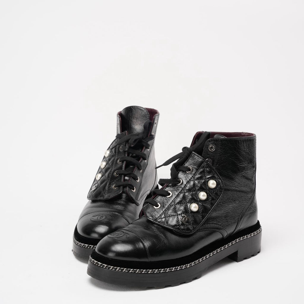 Chanel Black CC Pearl Detail Ankle Boots Size 39 ½