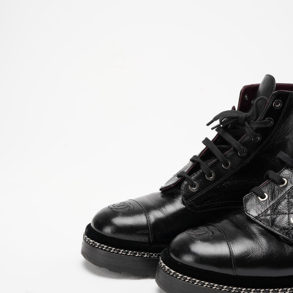 Chanel Black CC Pearl Detail Ankle Boots Size 39 ½
