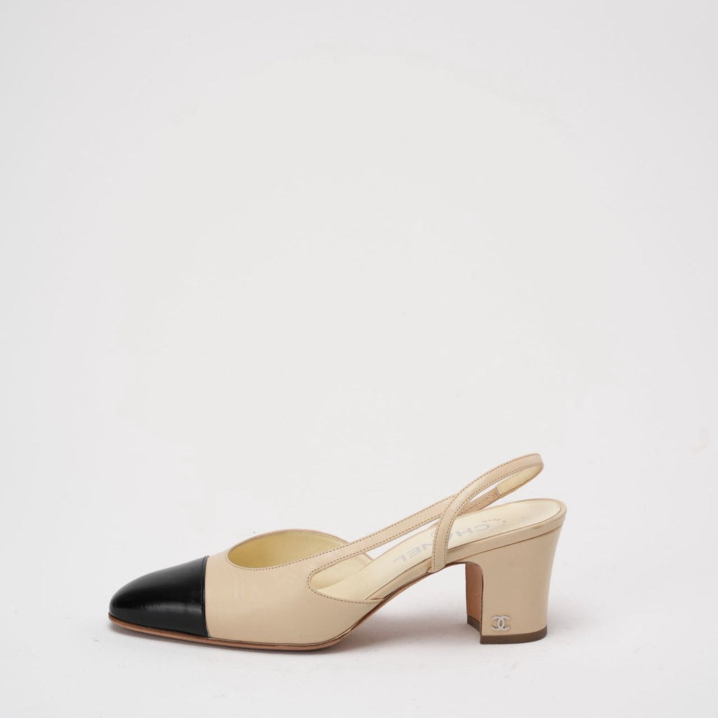 Chanel Black/Beige Grosgrain Cap Toe CC Slingback 38