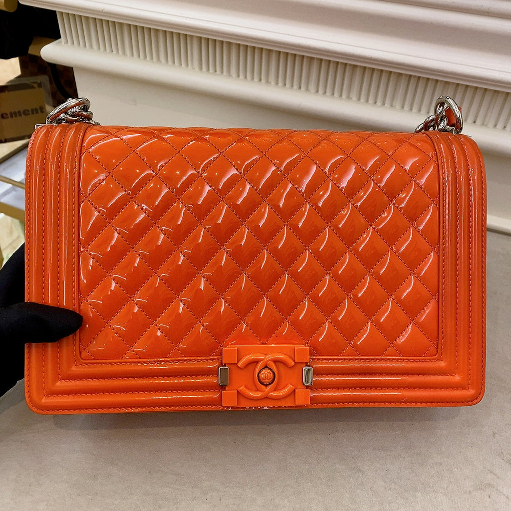 Chanel Patent Skin Quilted New Medium Le Boy Flap Orange