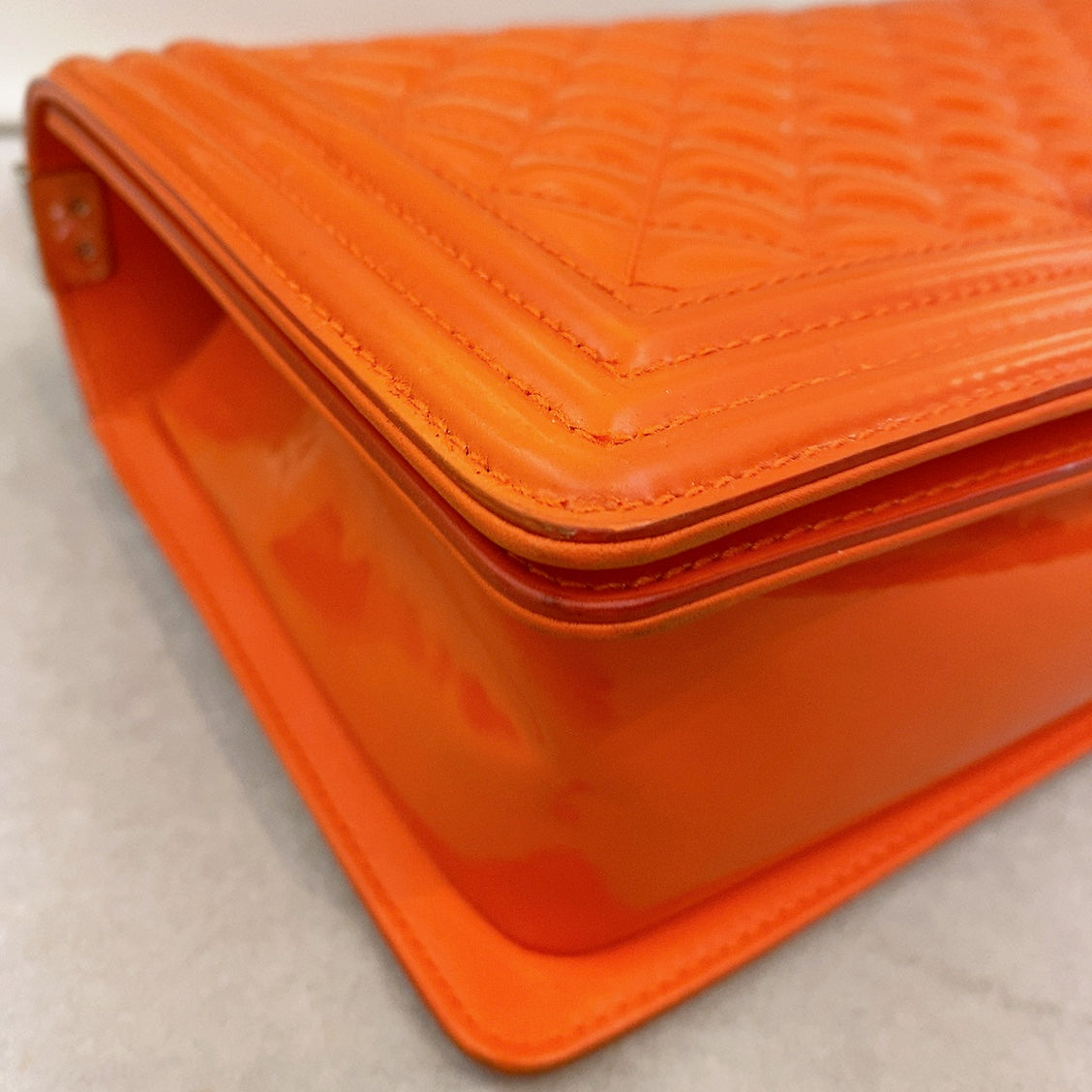 Chanel Patent Skin Quilted New Medium Le Boy Flap Orange