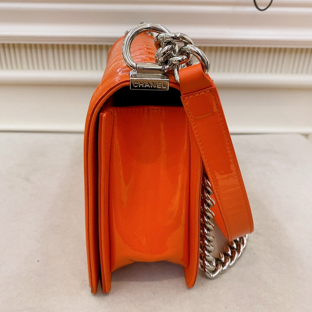 Chanel Patent Skin Quilted New Medium Le Boy Flap Orange
