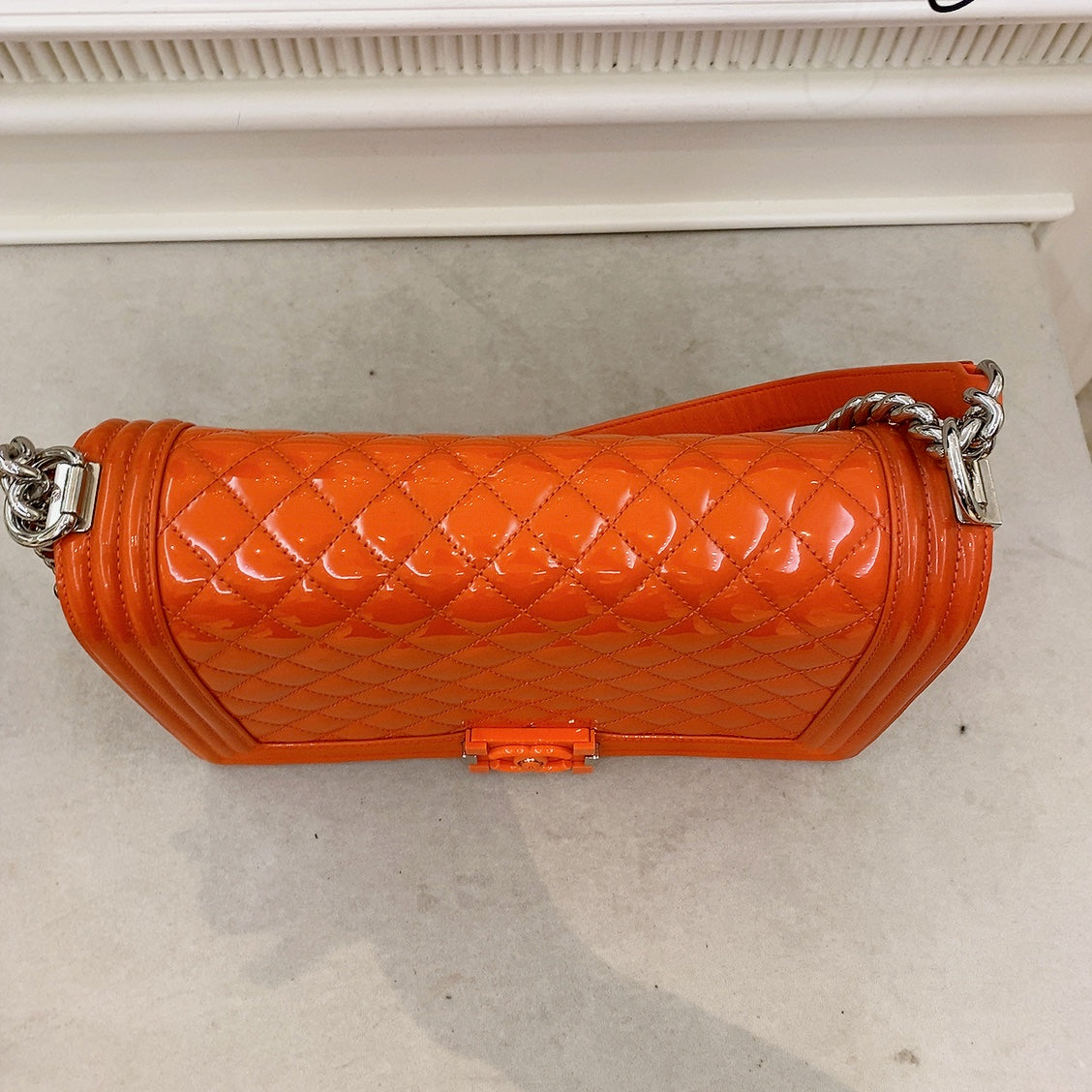 Chanel Patent Skin Quilted New Medium Le Boy Flap Orange