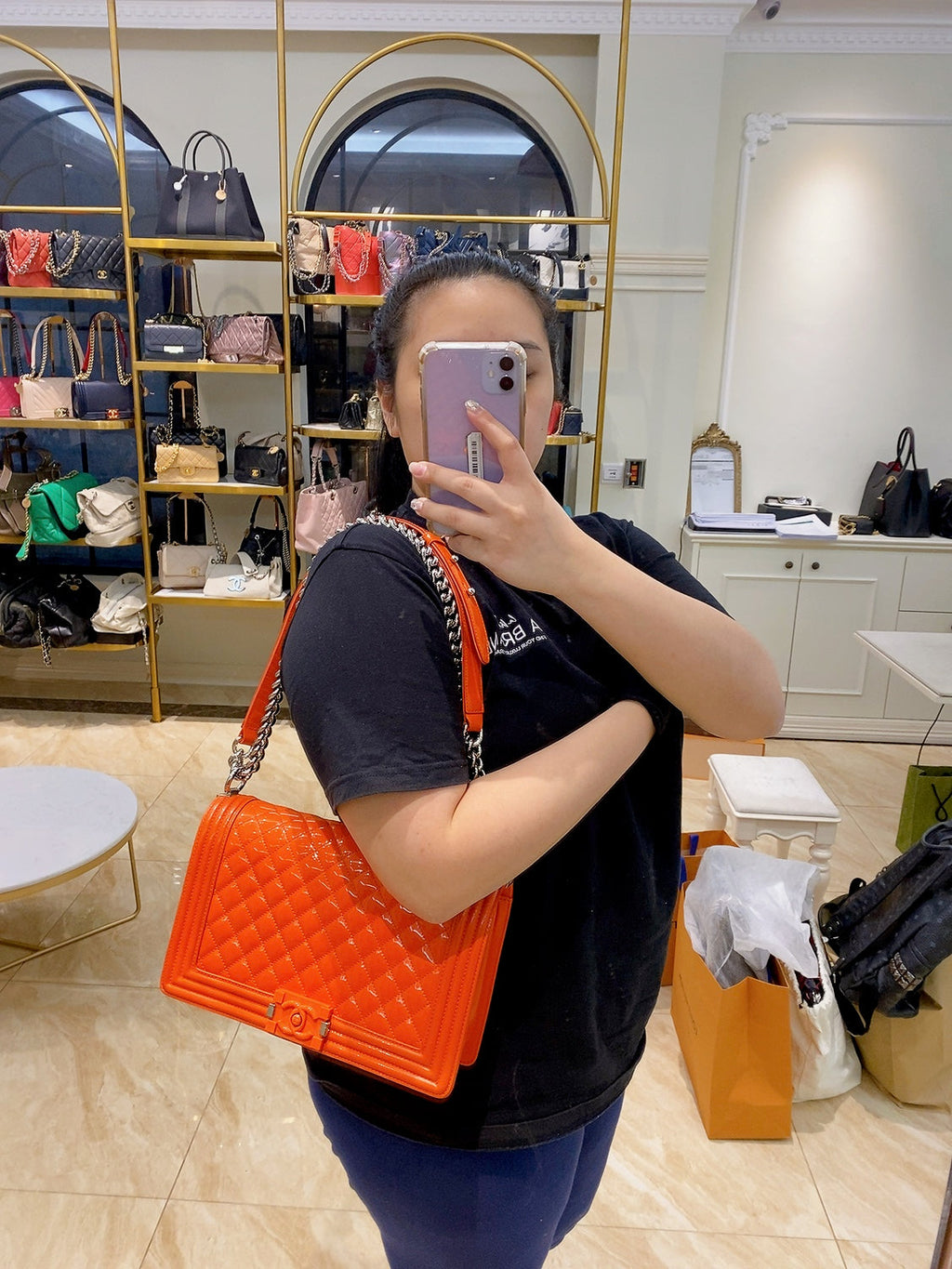 Chanel Patent Skin Quilted New Medium Le Boy Flap Orange