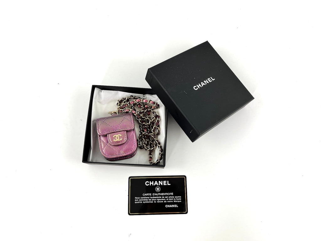 CHANEL 2020 Iridescent Purple AirPods Case Holder with Chain