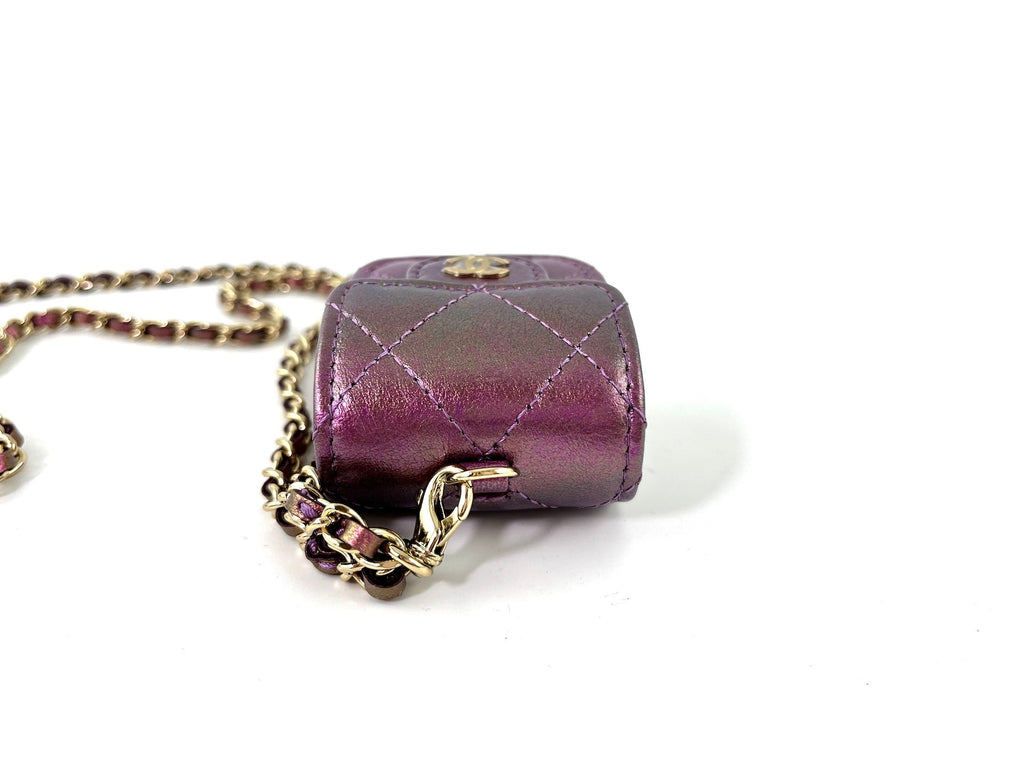 CHANEL 2020 Iridescent Purple AirPods Case Holder with Chain