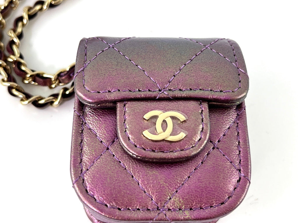 CHANEL 2020 Iridescent Purple AirPods Case Holder with Chain