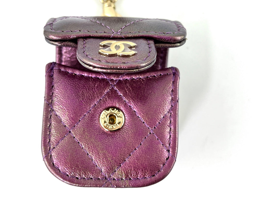 CHANEL 2020 Iridescent Purple AirPods Case Holder with Chain
