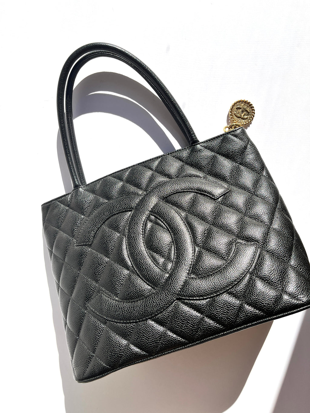 Vintage CHANEL Medallion Timeless Black Quilted Caviar Tote Bag
