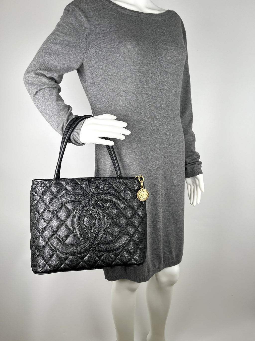 Vintage CHANEL Medallion Timeless Black Quilted Caviar Tote Bag
