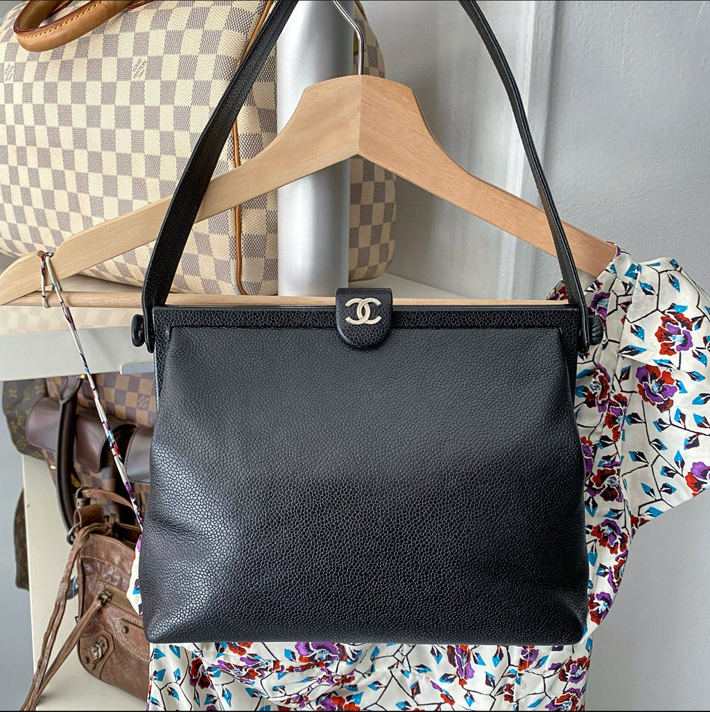 Chanel 1997 Vintage Black Caviar Frame Top Handle Bag