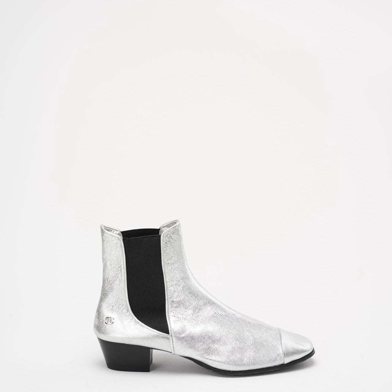 Chanel Silver Fantasy Laminated Cap Toe Ankle Boots 38.5