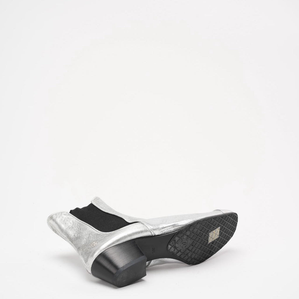 Chanel Silver Fantasy Laminated Cap Toe Ankle Boots 38.5