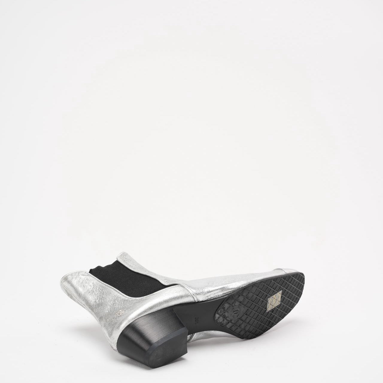 Chanel Silver Fantasy Laminated Cap Toe Ankle Boots 38.5