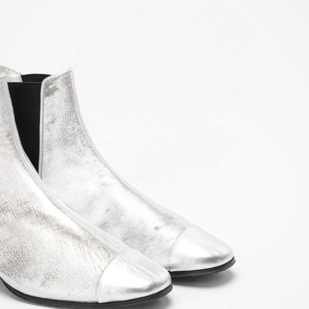 Chanel Silver Fantasy Laminated Cap Toe Ankle Boots 38.5