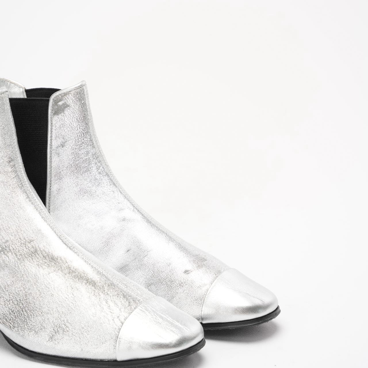 Chanel Silver Fantasy Laminated Cap Toe Ankle Boots 38.5