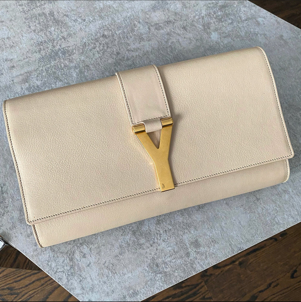 YSL Beige Leather Y Ligne Clutch Bag