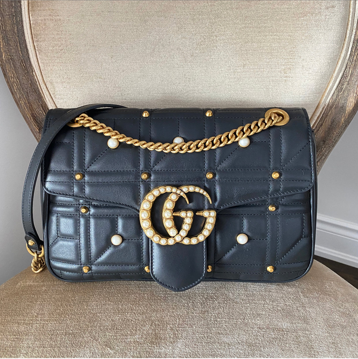 Gucci Marmont 2.0 Medium Flap Pearl Stud Flap Bag