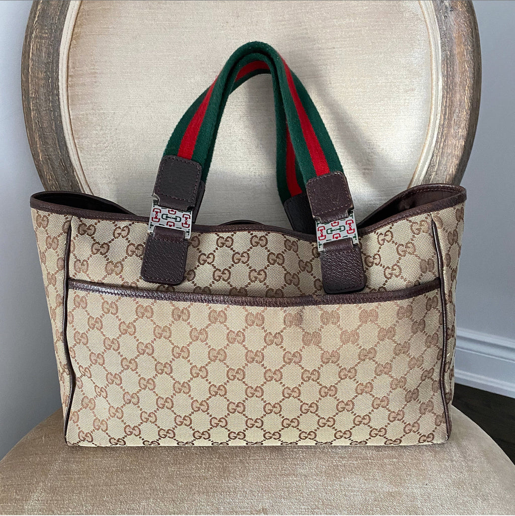 Gucci Brown Monogram Canvas Web Strap Handle Small Tote