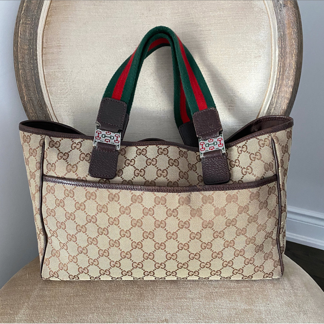 Gucci Brown Monogram Canvas Web Strap Handle Small Tote
