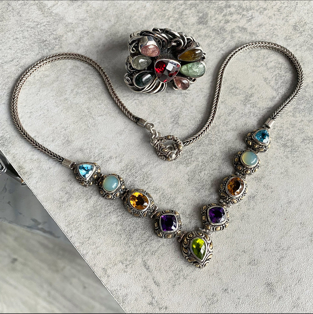 Sterling Silver Large Statement Studio Multi Gemstone Ring - 8.5