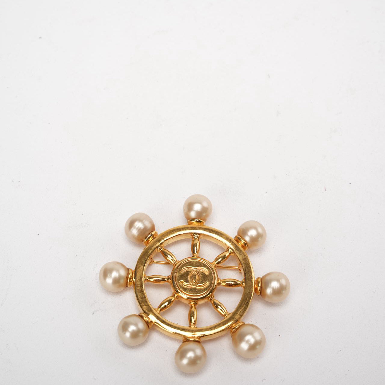 Chanel CC Gold Metal & Faux Pearl Ship Wheel Brooch