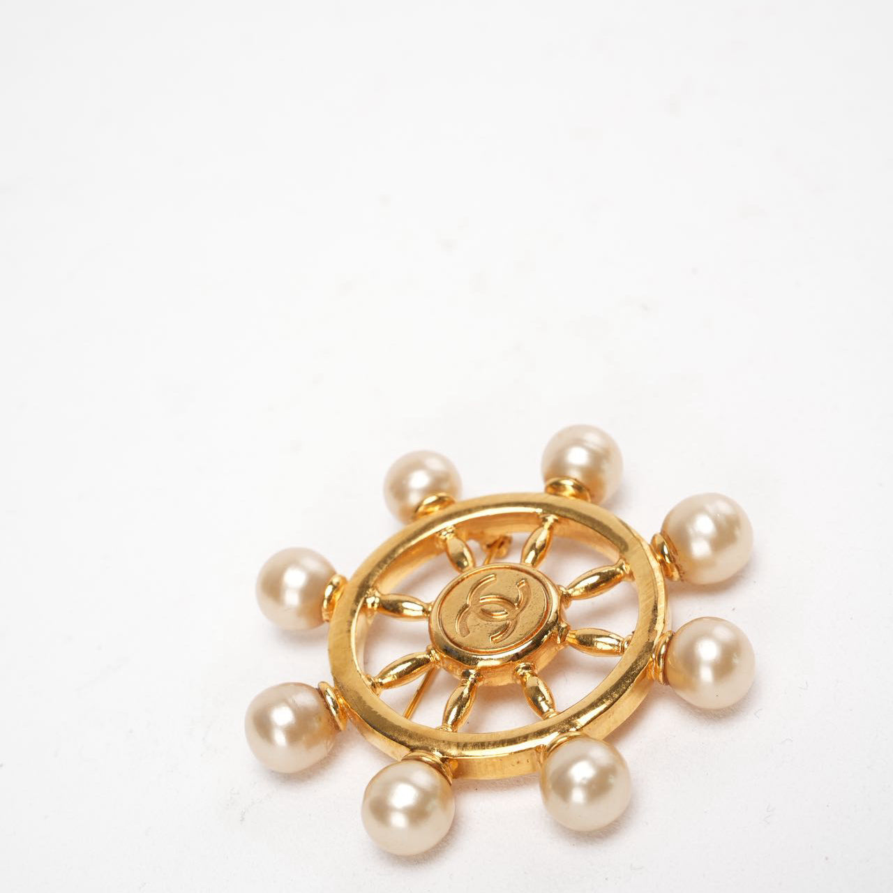 Chanel CC Gold Metal & Faux Pearl Ship Wheel Brooch