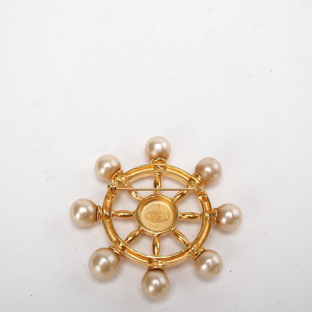 Chanel CC Gold Metal & Faux Pearl Ship Wheel Brooch