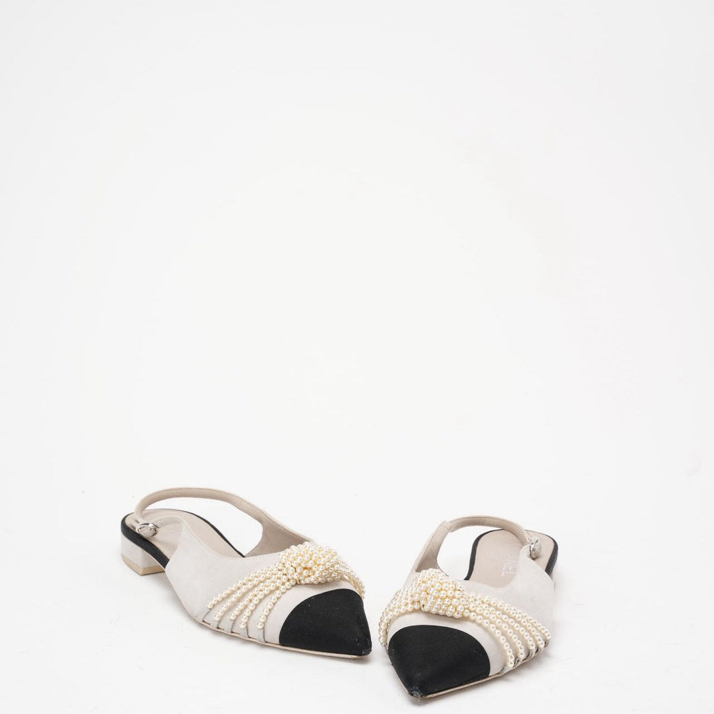 Chanel Satin Grosgrain Pearl Slingback Flats White/Black Size 37C