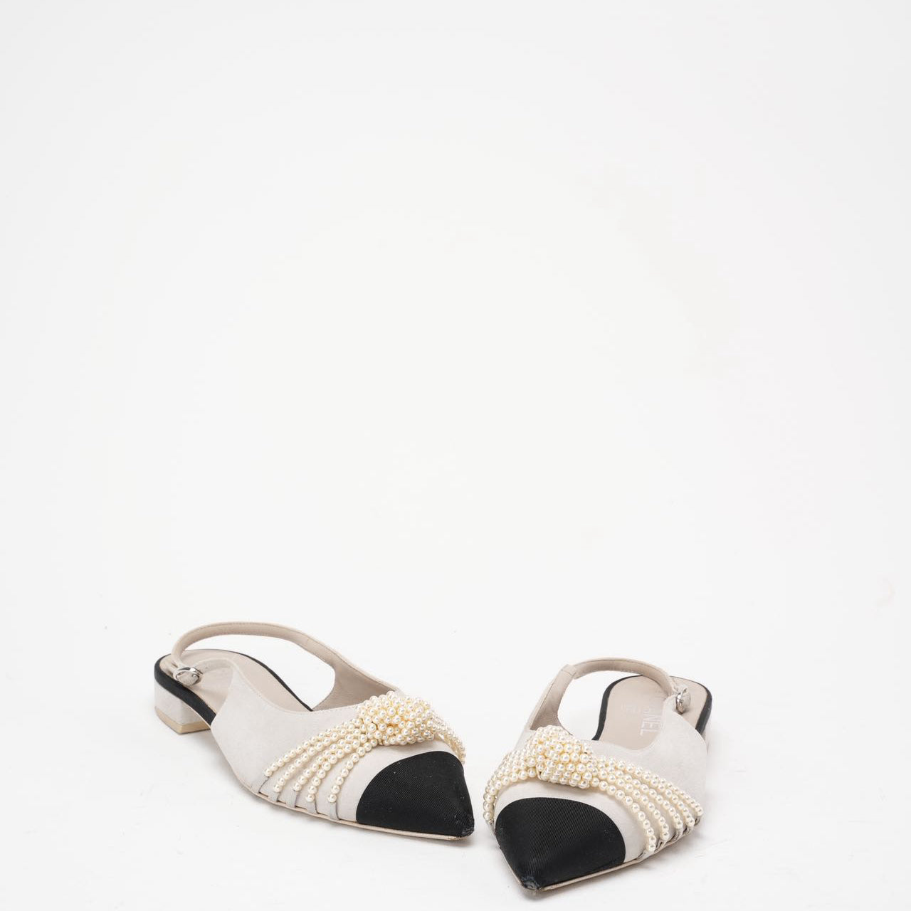 Chanel Satin Grosgrain Pearl Slingback Flats White/Black Size 37C
