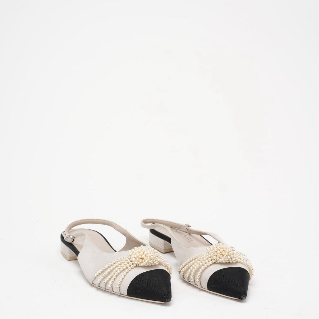 Chanel Satin Grosgrain Pearl Slingback Flats White/Black Size 37C
