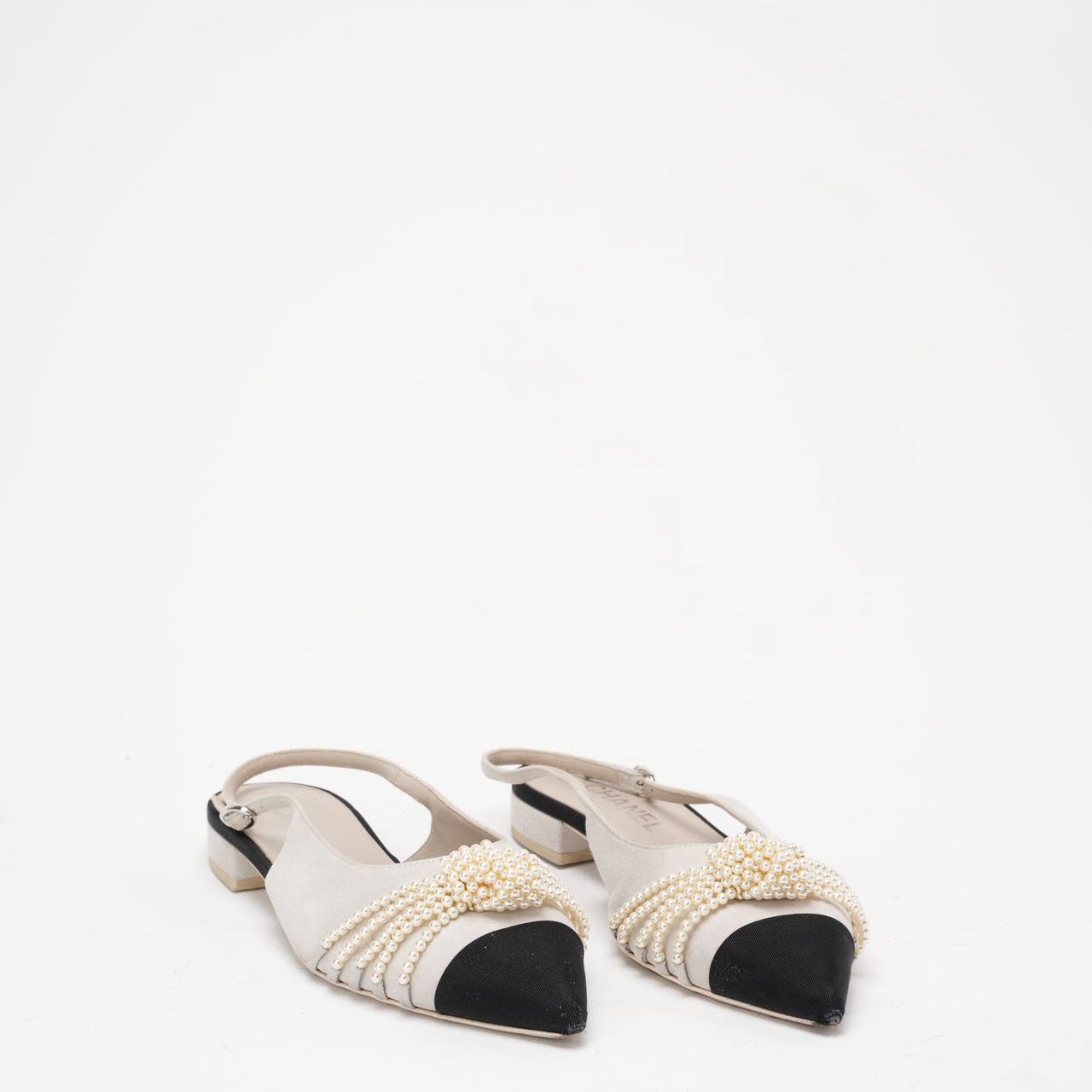 Chanel Satin Grosgrain Pearl Slingback Flats White/Black Size 37C