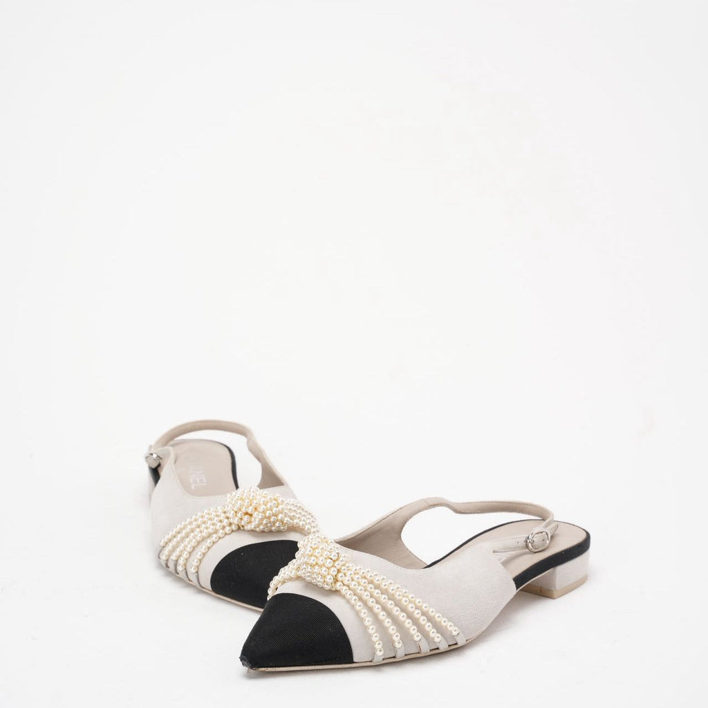 Chanel Satin Grosgrain Pearl Slingback Flats White/Black Size 37C
