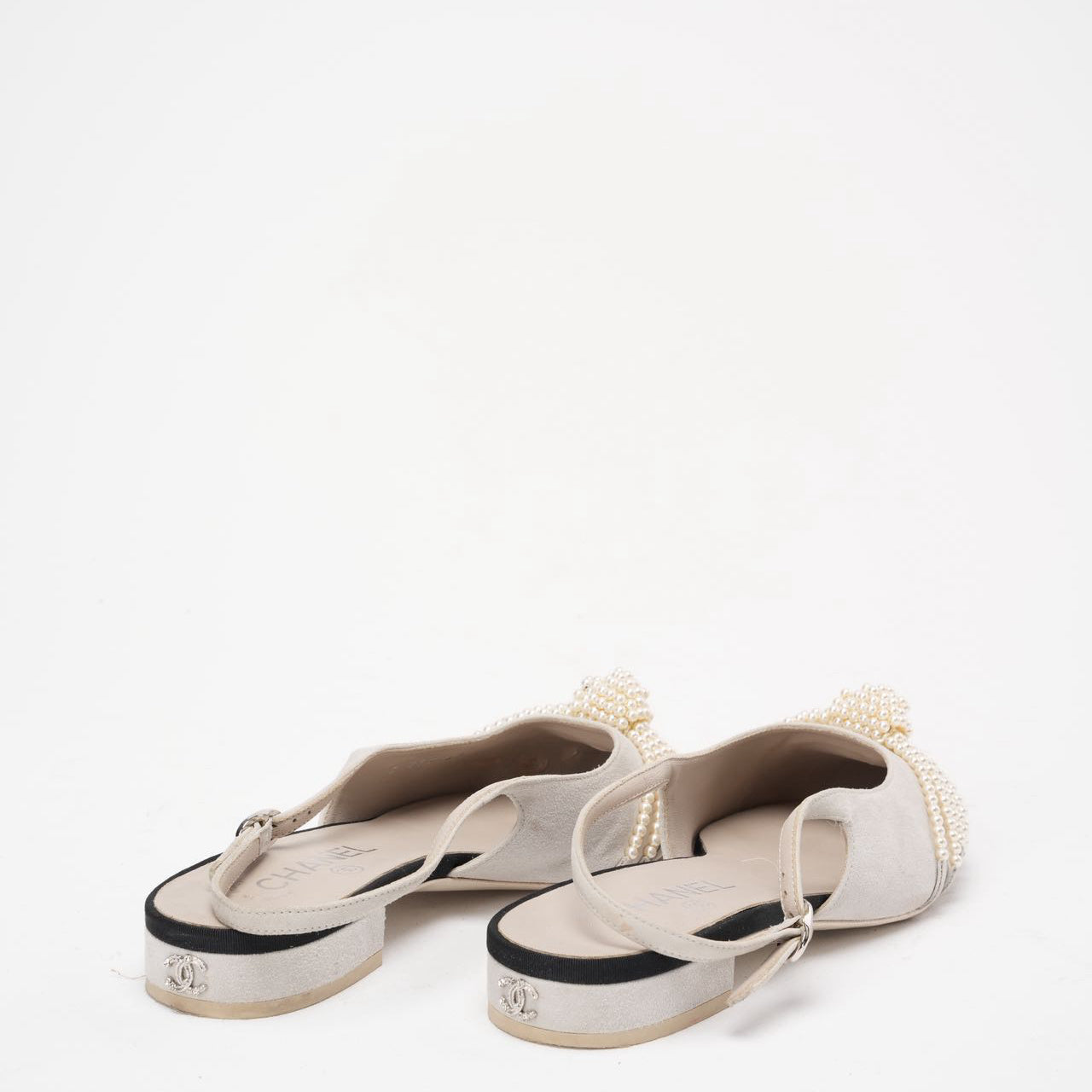 Chanel Satin Grosgrain Pearl Slingback Flats White/Black Size 37C