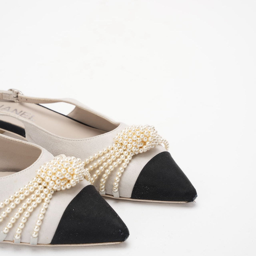 Chanel Satin Grosgrain Pearl Slingback Flats White/Black Size 37C