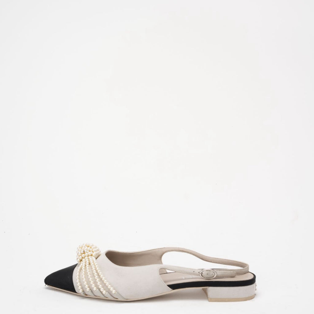 Chanel Satin Grosgrain Pearl Slingback Flats White/Black Size 37C