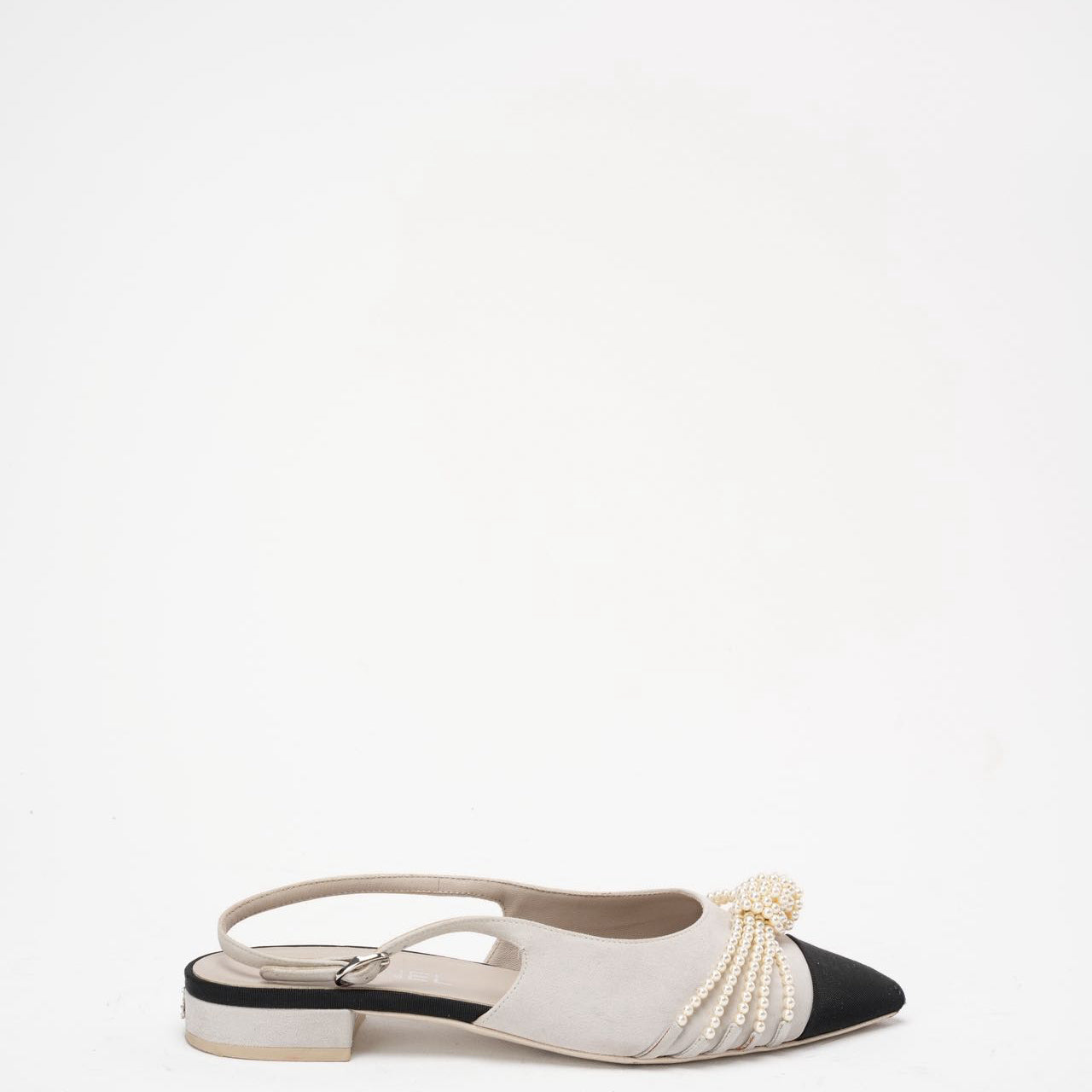 Chanel Satin Grosgrain Pearl Slingback Flats White/Black Size 37C