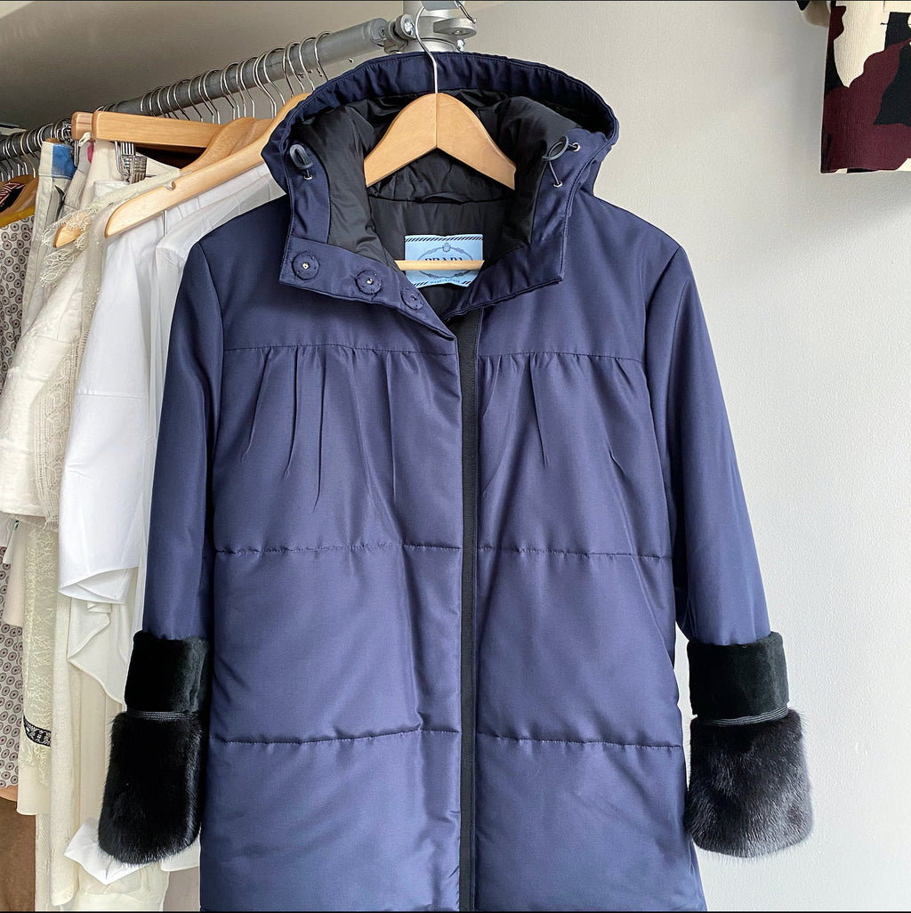 Prada Navy Hooded Puffer Coat with Mink and Sheared Fur Trim - IT38 / XS / S