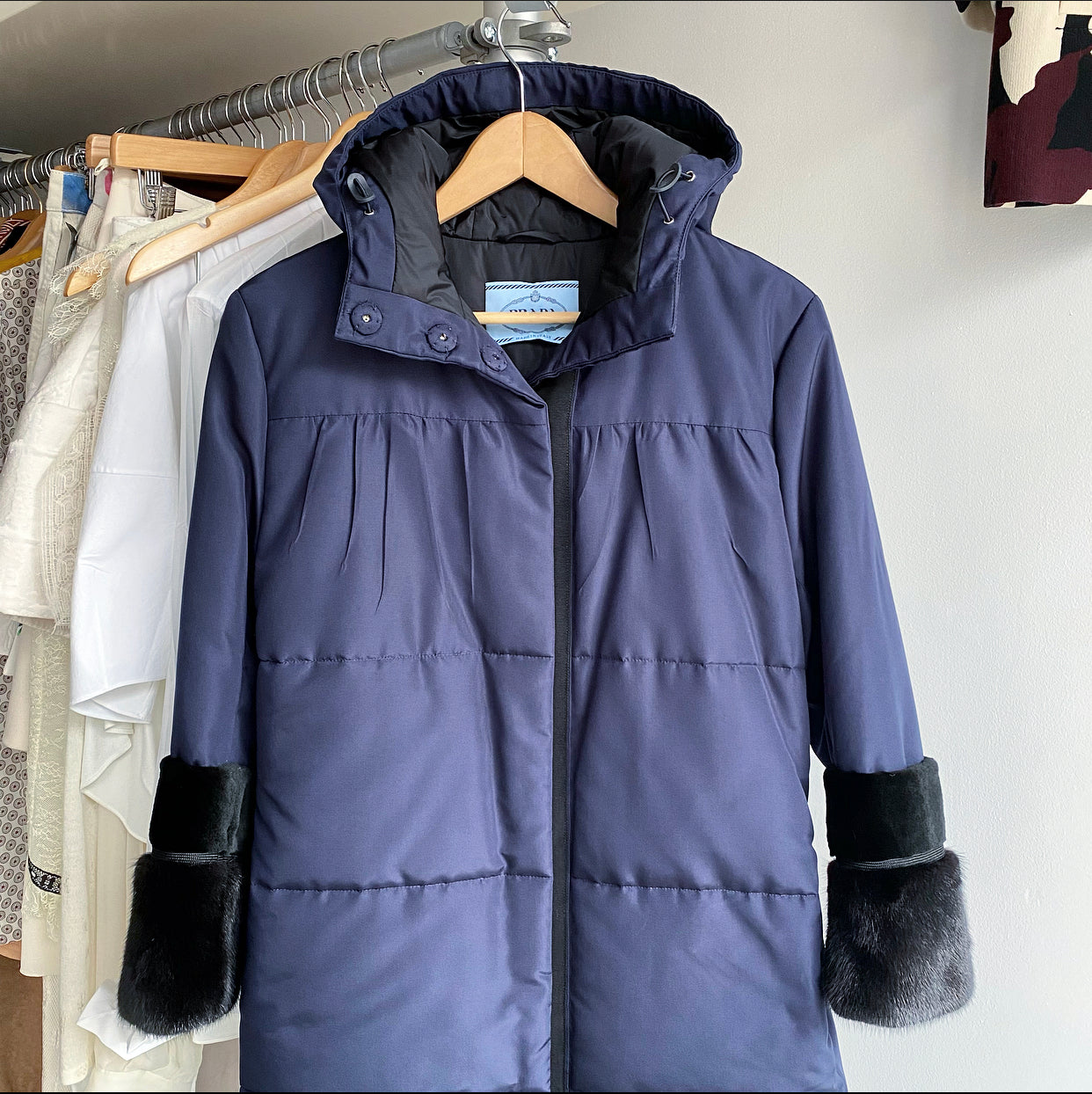 Prada Navy Hooded Puffer Coat with Mink and Sheared Fur Trim - IT38 / XS / S