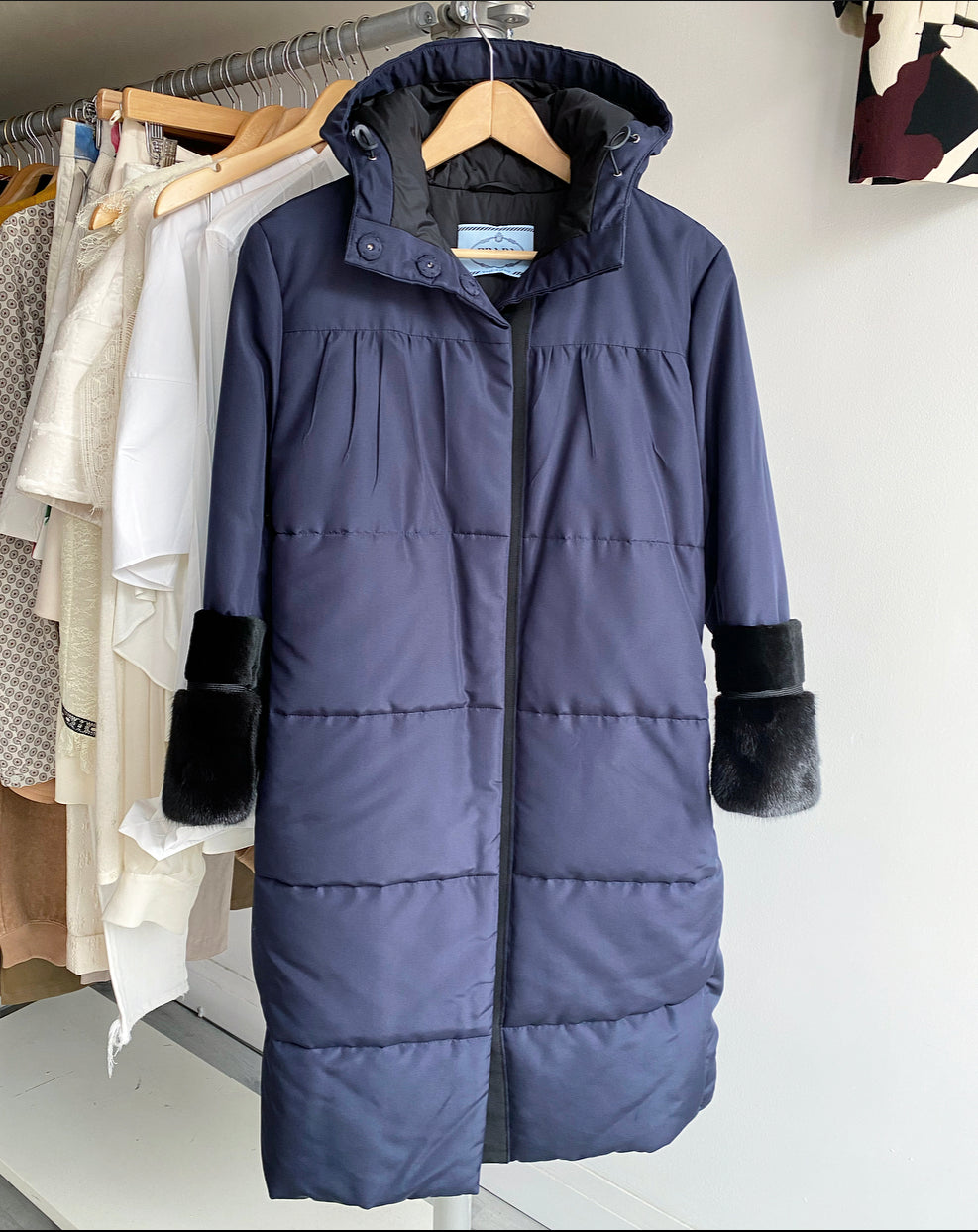 Prada Navy Hooded Puffer Coat with Mink and Sheared Fur Trim - IT38 / XS / S
