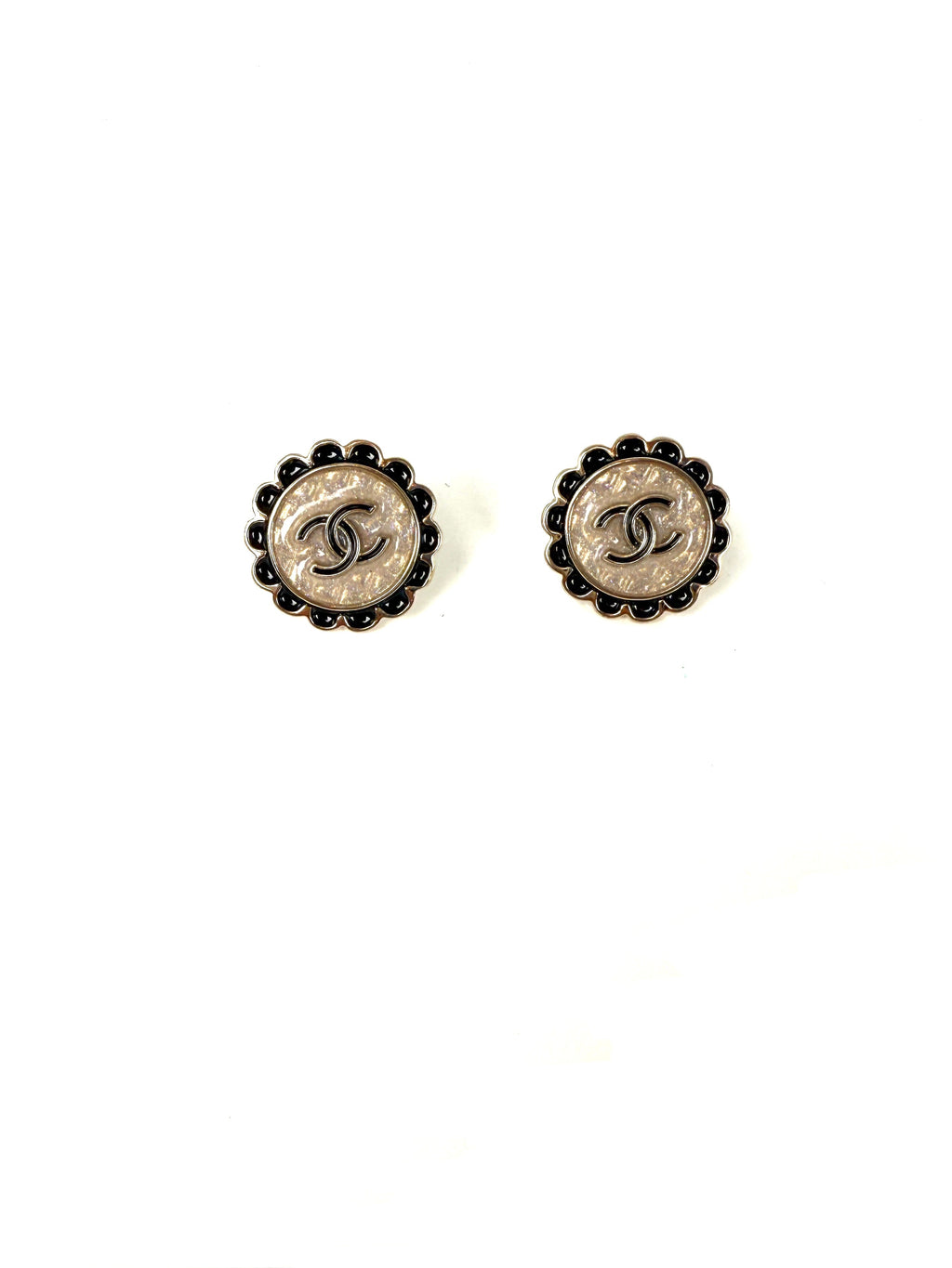 CHANEL 2024 Gold Tone CC Logo Stud Flower Button Earrings
