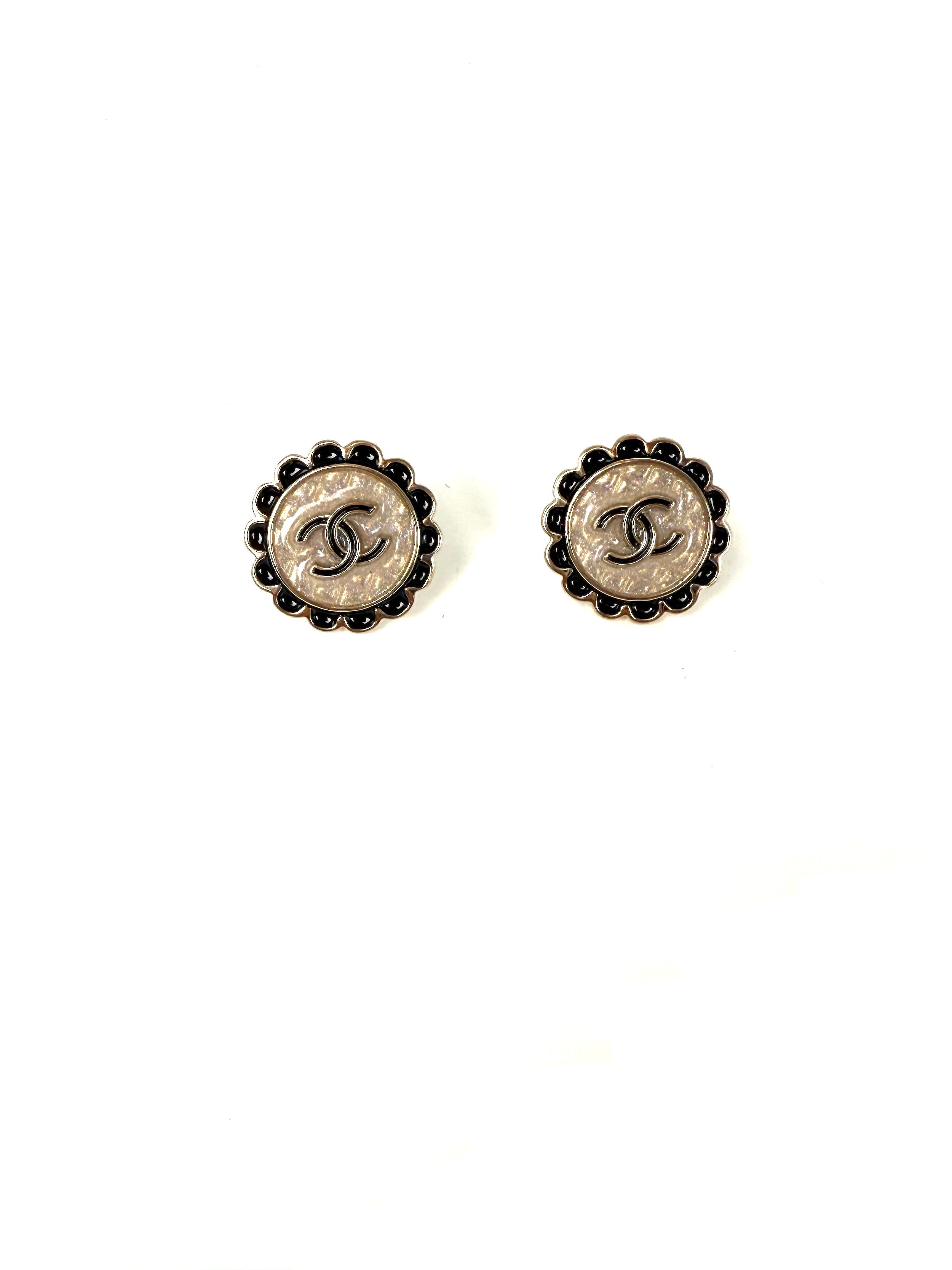 CHANEL 2024 Gold Tone CC Logo Stud Flower Button Earrings