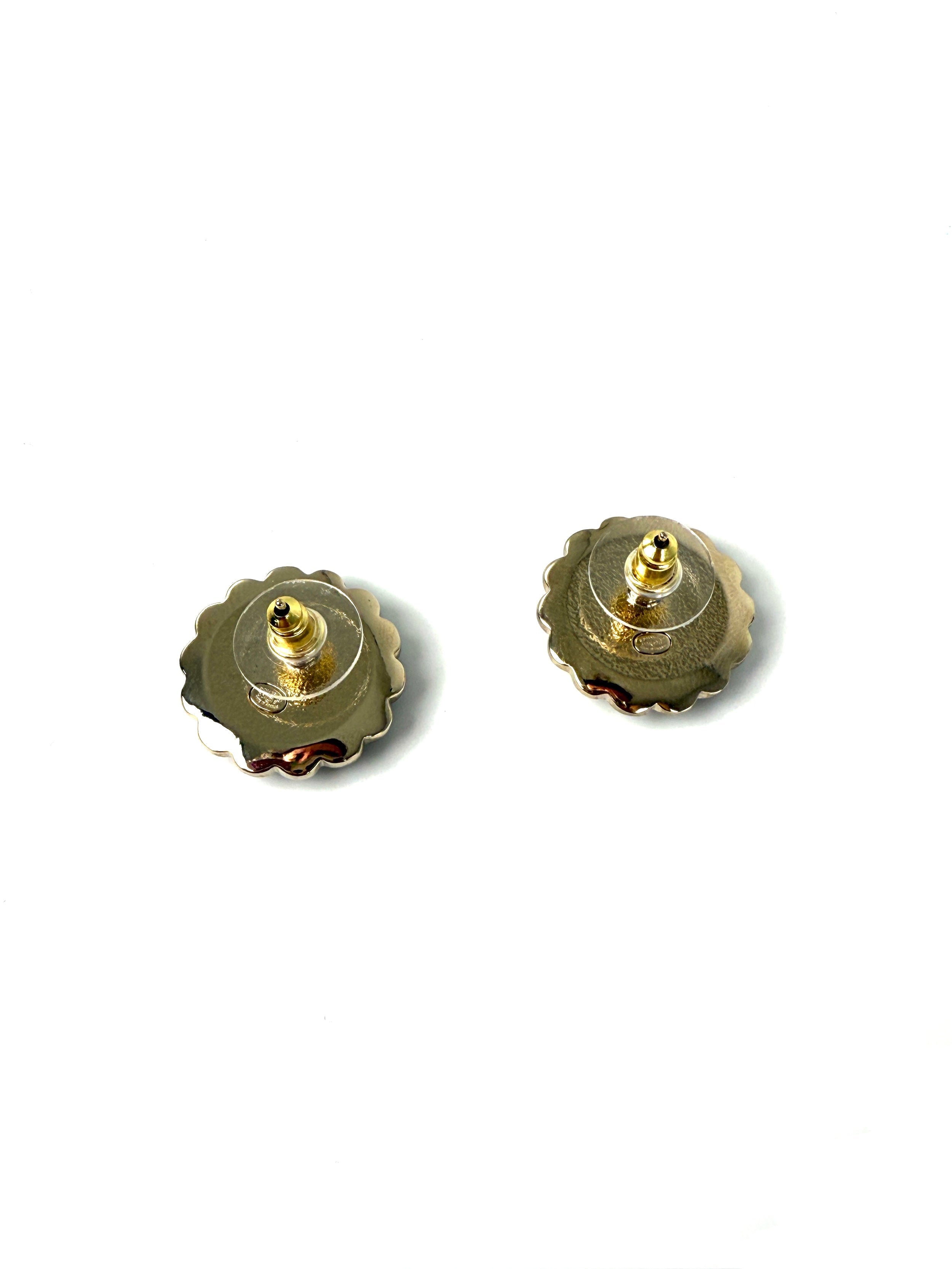 CHANEL 2024 Gold Tone CC Logo Stud Flower Button Earrings