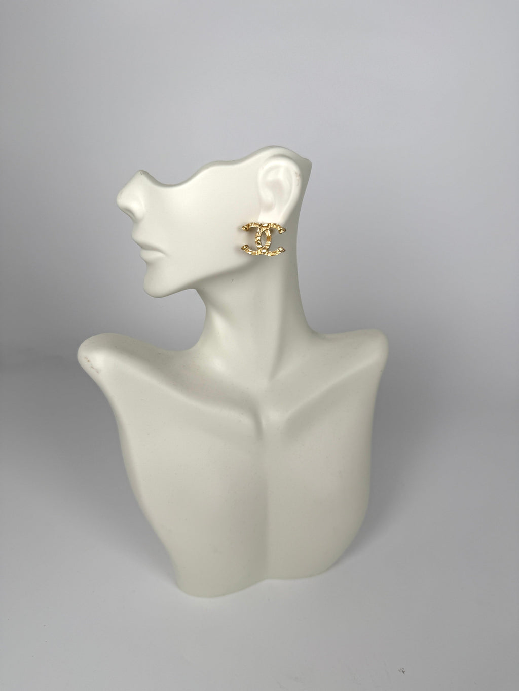 CHANEL 2024 Gold Tone CC Logo Stud Hammered Earrings
