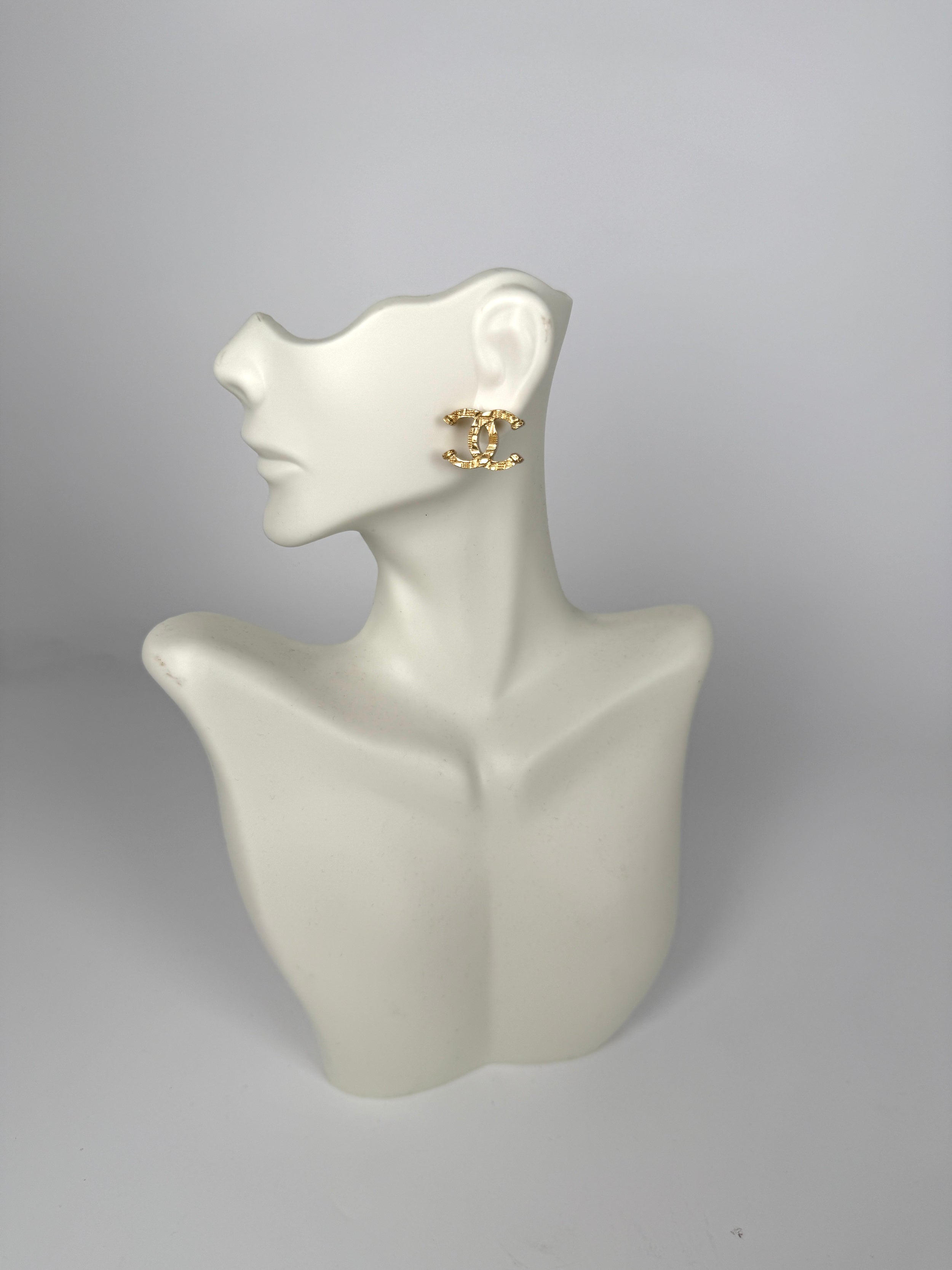 CHANEL 2024 Gold Tone CC Logo Stud Hammered Earrings