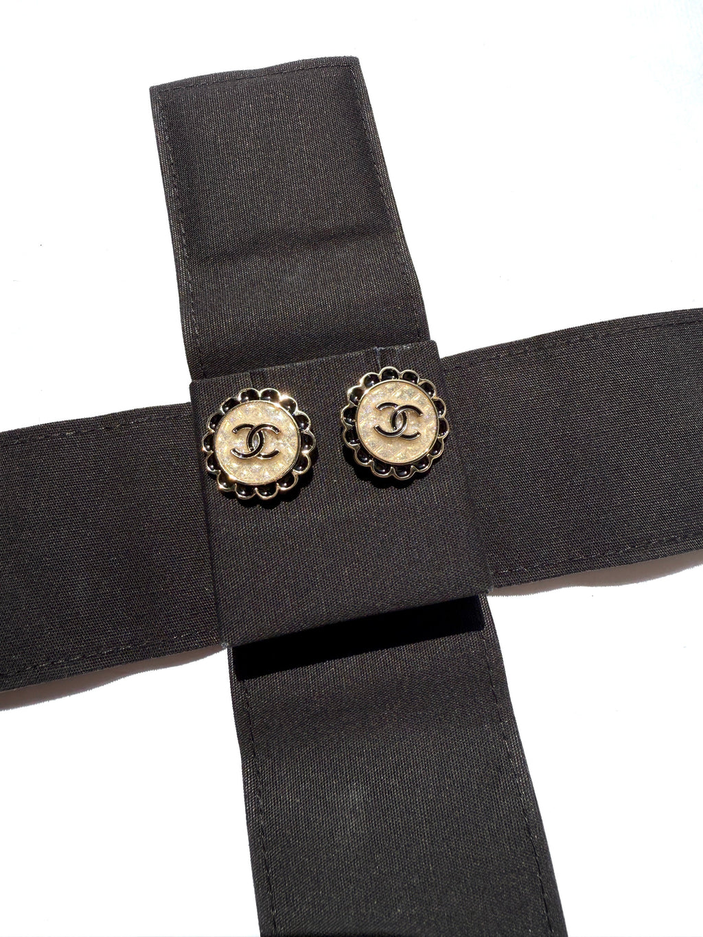 CHANEL 2024 Gold Tone CC Logo Stud Flower Button Earrings