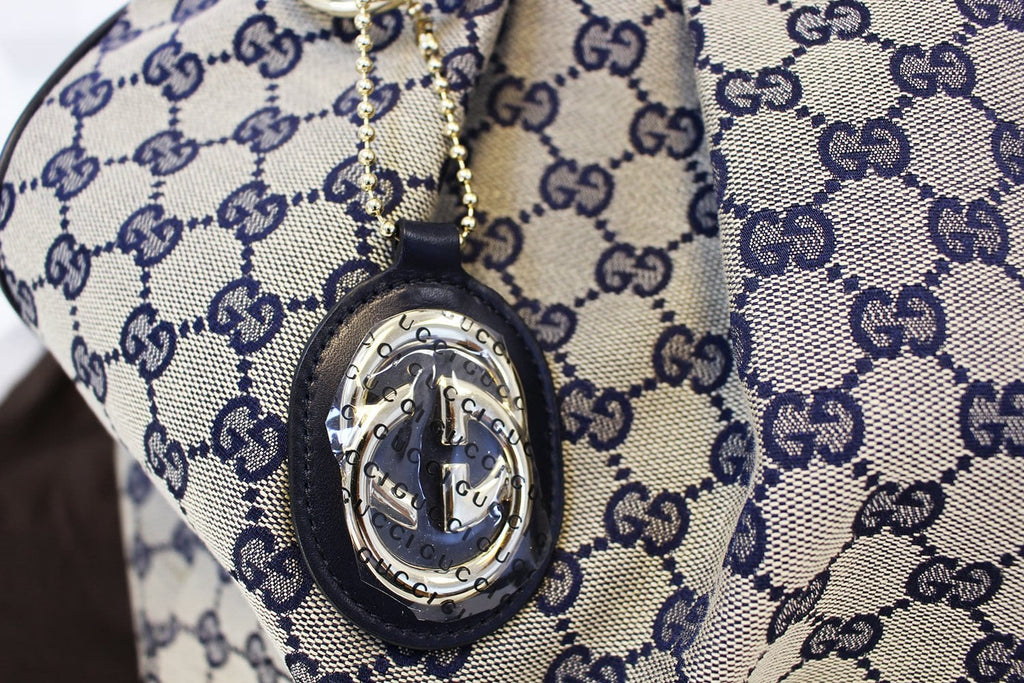 GUCCI Navy Blue/Grey GG Canvas Large Sukey Tote Bag